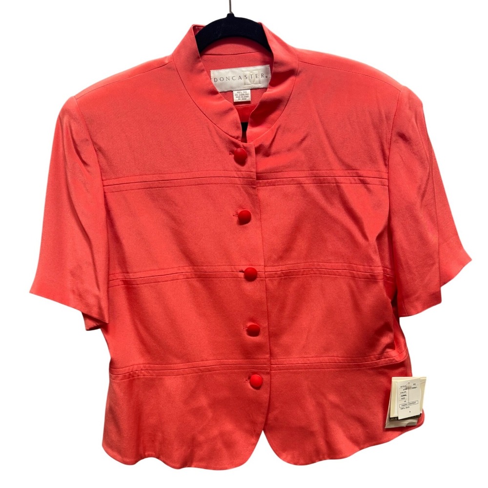 Doncaster Coral 100% Silk Mandarin Collar Peplum Blouse NWT Size 16 2709